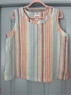 Linen Striped Sleeveless Tank Top in Light Blue & Coral